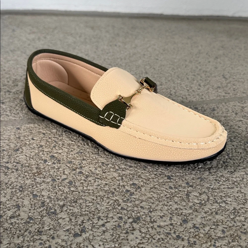 Green cream vegan leather gold horsebit accent slip on style loafers size 42